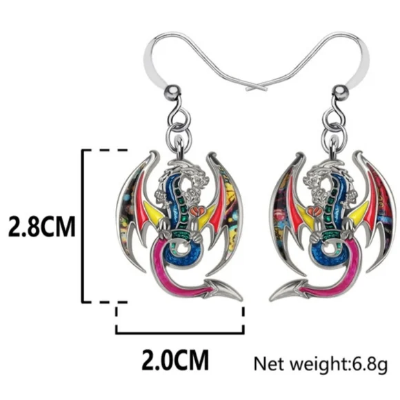 Dragon Dangle Earrings, Enamel Alloy Earrings, 3.3 cm. - Picture 4 of 8